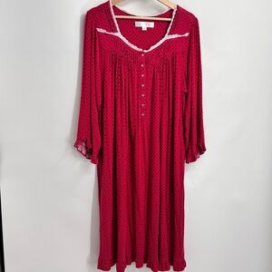 Eileen West long nightgown red white floral lounge with ruffle at sleeves Sz M